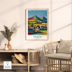 Scottish Borders Melrose Village Travel Poster Eildon Hills Print Scotland Wall Art framed in a cozy interior setting.