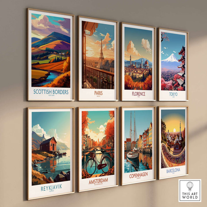 Collection of vibrant travel posters showcasing landscapes from Scotland, Paris, Florence, Tokyo, Amsterdam, Copenhagen, Reykjavik, and Barcelona.