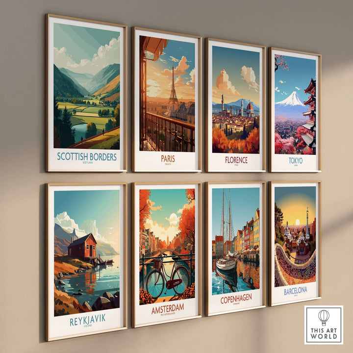 Collection of colorful travel posters featuring landscapes from Scottish Borders, Paris, Florence, Tokyo, and more.