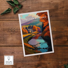 Scottish Borders River Scene Travel Print Autumn Trees Scotland Poster Wall Art showcasing vibrant autumn colors and a serene river.