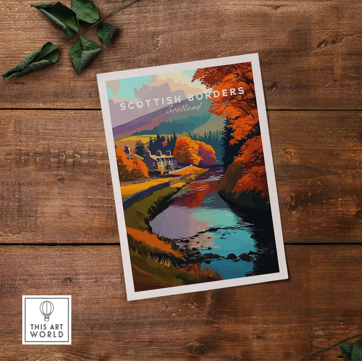 Scottish Borders river scene poster featuring autumn trees and a charming stone house in vibrant colors.