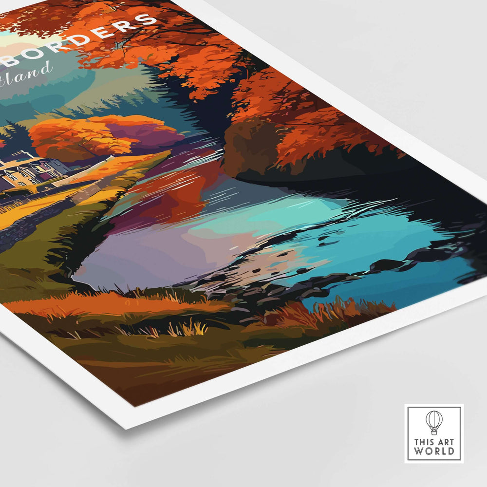 Scottish Borders river scene autumn travel print with vibrant foliage and a charming stone house.