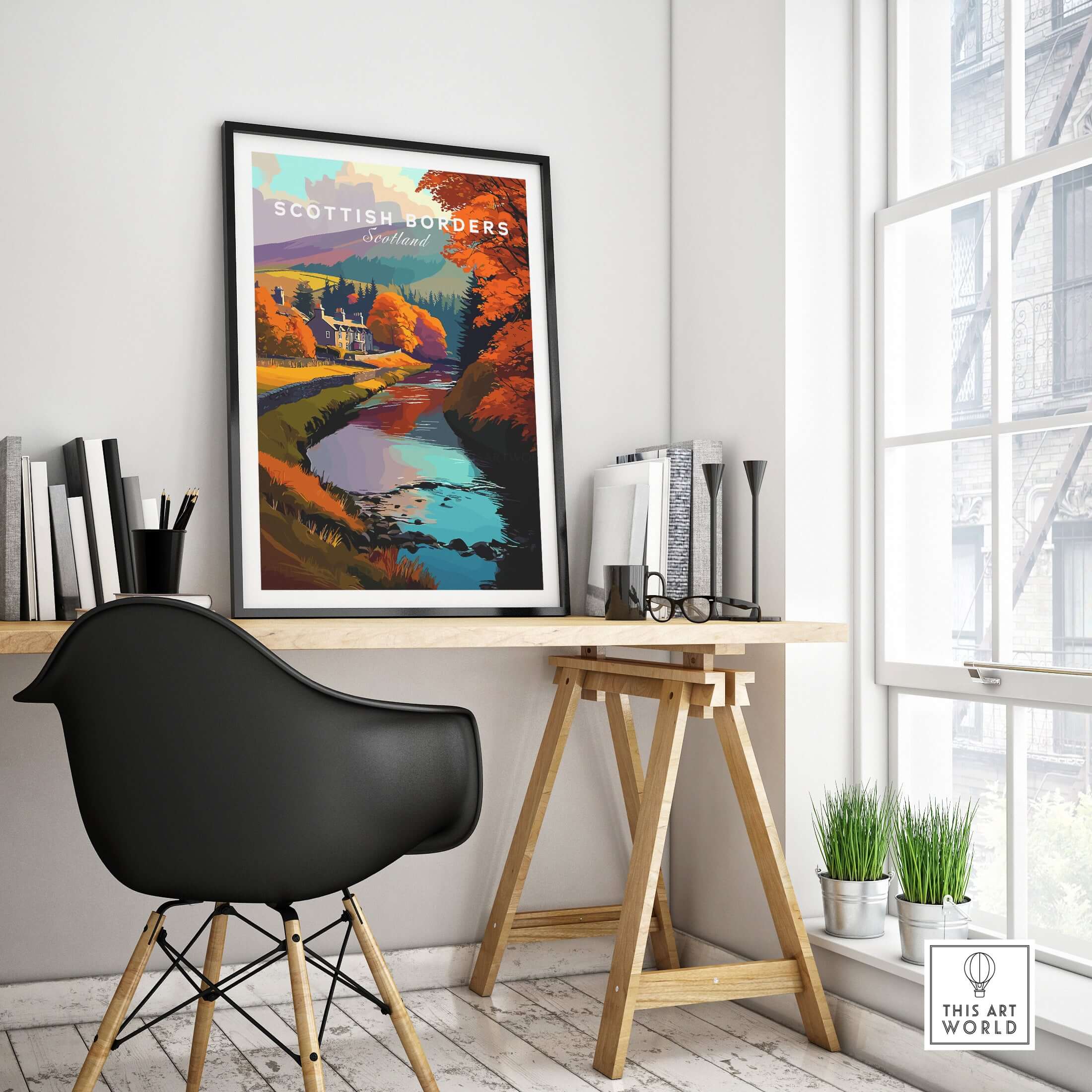 Scottish Borders River Scene Travel Print Autumn Trees Scotland Poster Wall Art displayed in a stylish workspace.