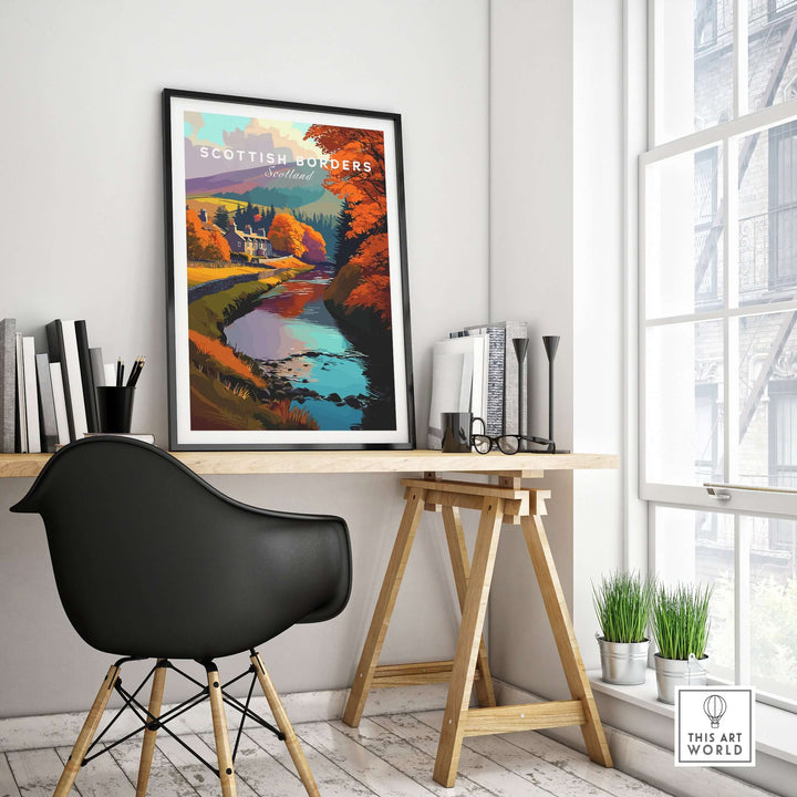 Scottish Borders river scene autumn travel print wall art in a cozy workspace setting.
