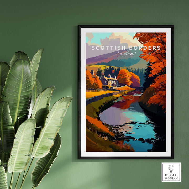 Scottish Borders river scene travel print showcasing autumn foliage and a charming house in Scotland.