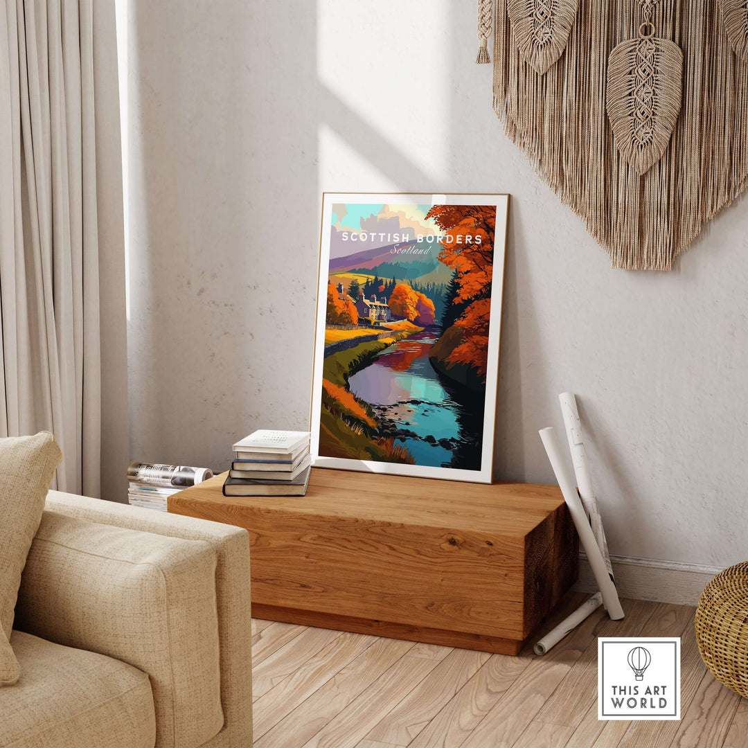 Scottish Borders autumn river scene travel print poster showcasing vibrant foliage and charming landscapes.