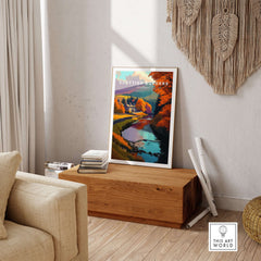 Scottish Borders River Scene Travel Print Autumn Trees Scotland Poster Wall Art displayed in a cozy living room.