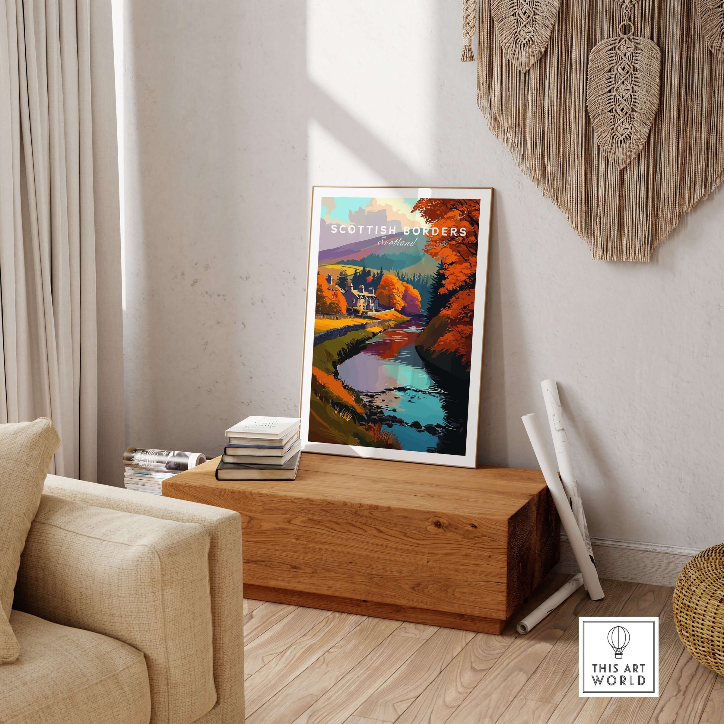 Scottish Borders River Scene Travel Print Autumn Trees Scotland Poster Wall Art displayed in a cozy living room.