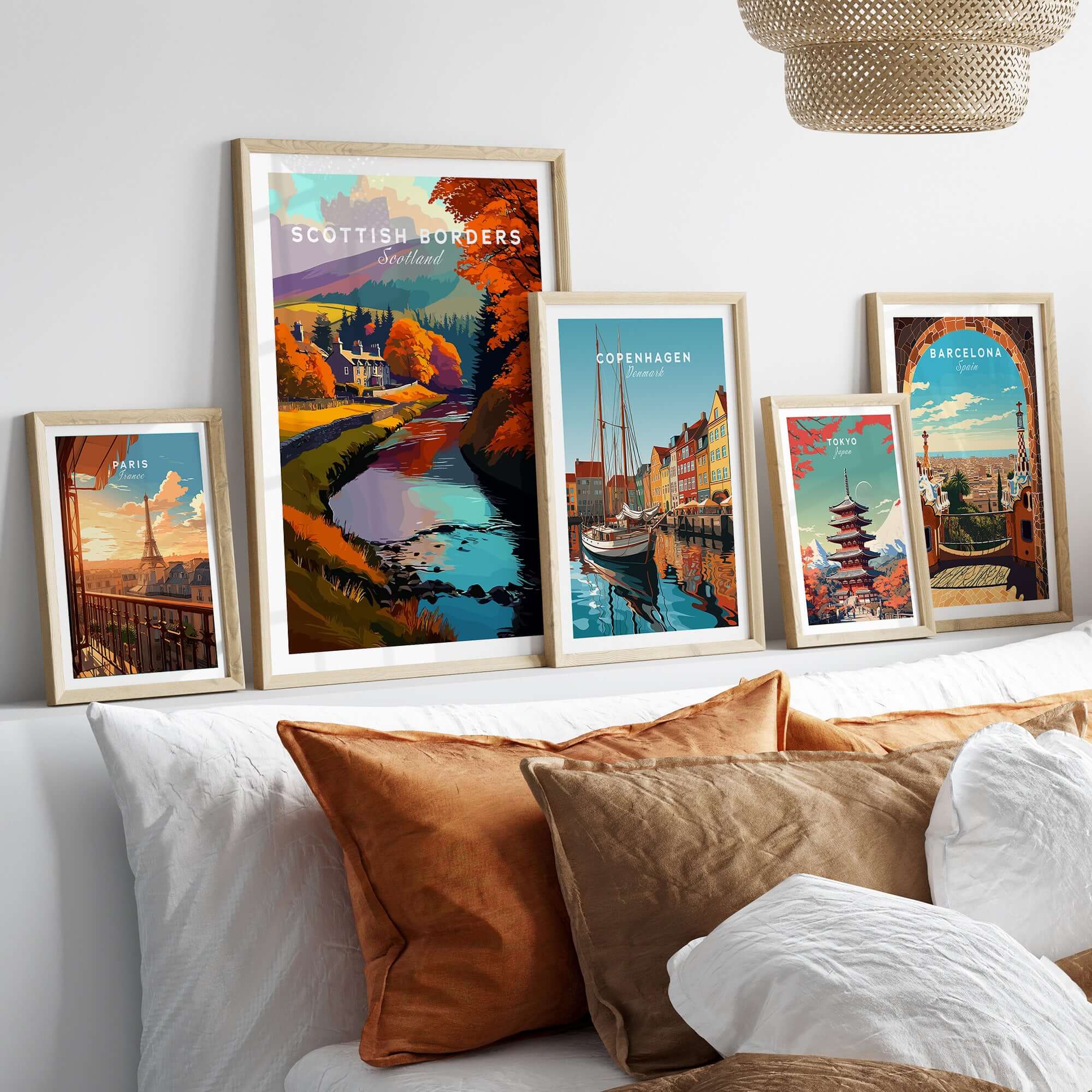 Scottish Borders River Scene Travel Print Autumn Trees Scotland Poster Wall Art displayed on a cozy bedroom wall.
