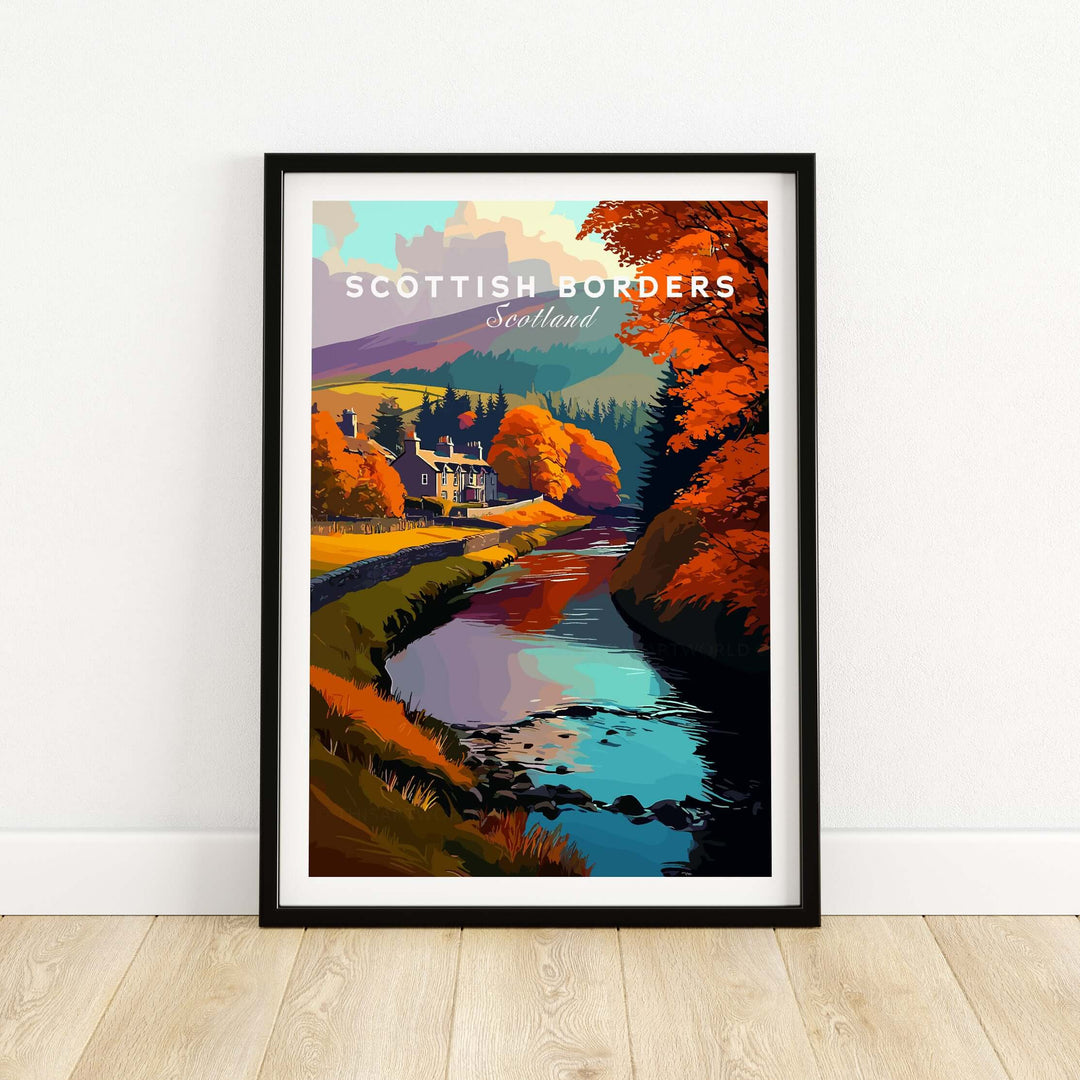 Scottish Borders river scene print with autumn trees and stone house, vibrant colors, Scotland wall art.