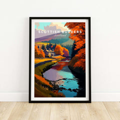 Scottish Borders River Scene Travel Print Autumn Trees Scotland Poster Wall Art depicting a colorful river and autumn foliage.
