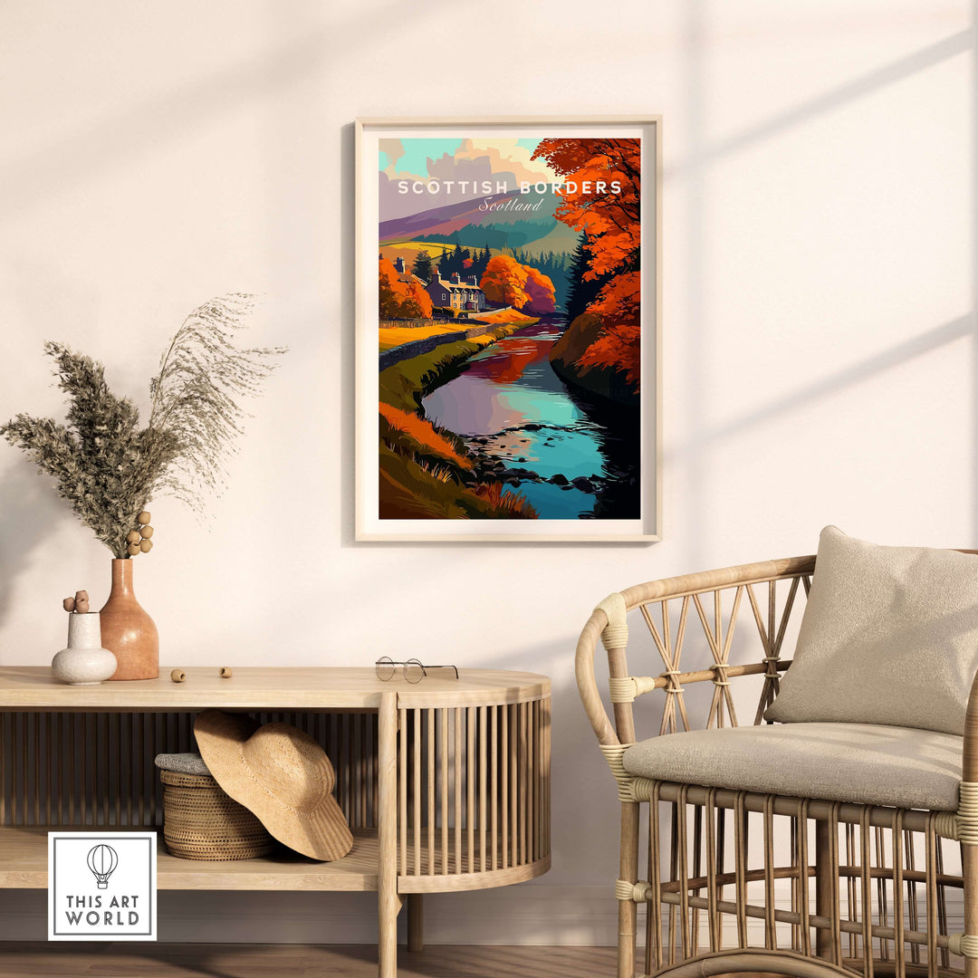 Scottish Borders river scene wall art print featuring autumn trees and vibrant colors in a cozy interior setting.
