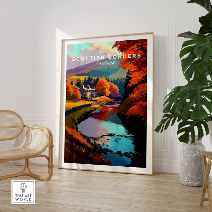 Scottish Borders river scene travel print featuring autumn trees and a stone house in vibrant colors.