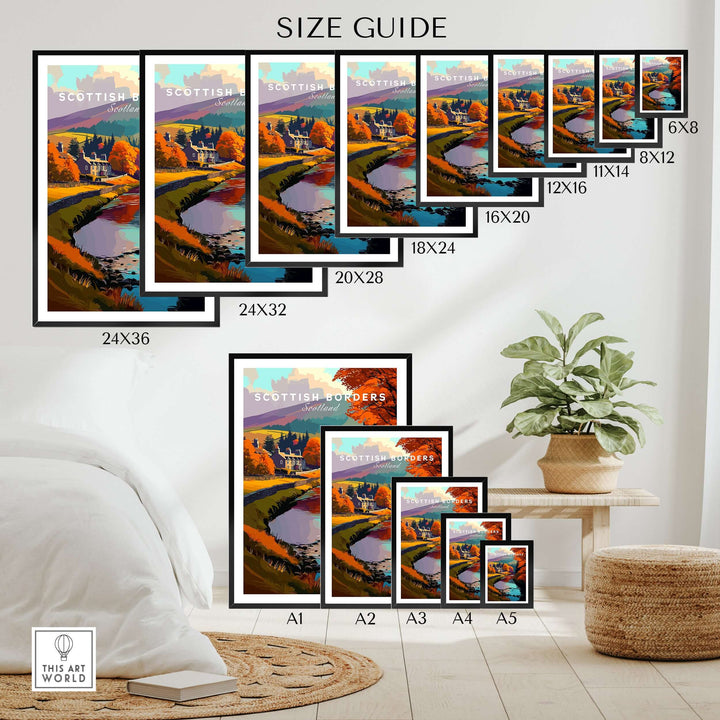 Size guide for Scottish Borders River Scene travel print wall art featuring various frame sizes.