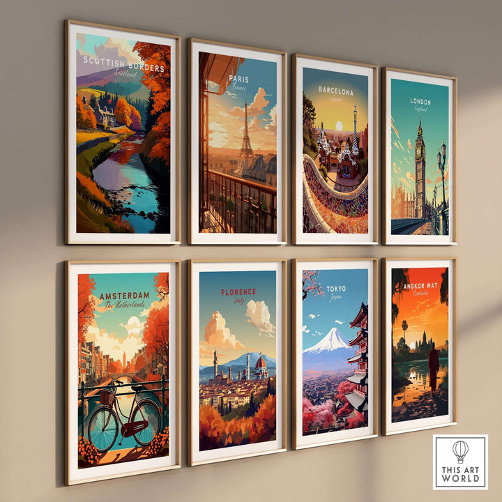 Collection of travel posters featuring Scottish Borders, Paris, Barcelona, London, Amsterdam, Florence, Tokyo, and Angkor Wat.