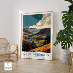 Scotland Valley Landscape Travel Print Scottish Borders Sheep Poster Wall Art Decor in a stylish interior setting.