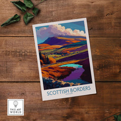 Scotland Travel Poster Scottish Borders Lake Autumn Hills Print Landscape Wall Art featuring vibrant hills and a tranquil river.