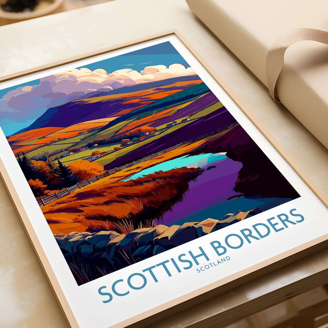 Colorful Scotland travel poster featuring the Scottish Borders landscape with hills and a river.