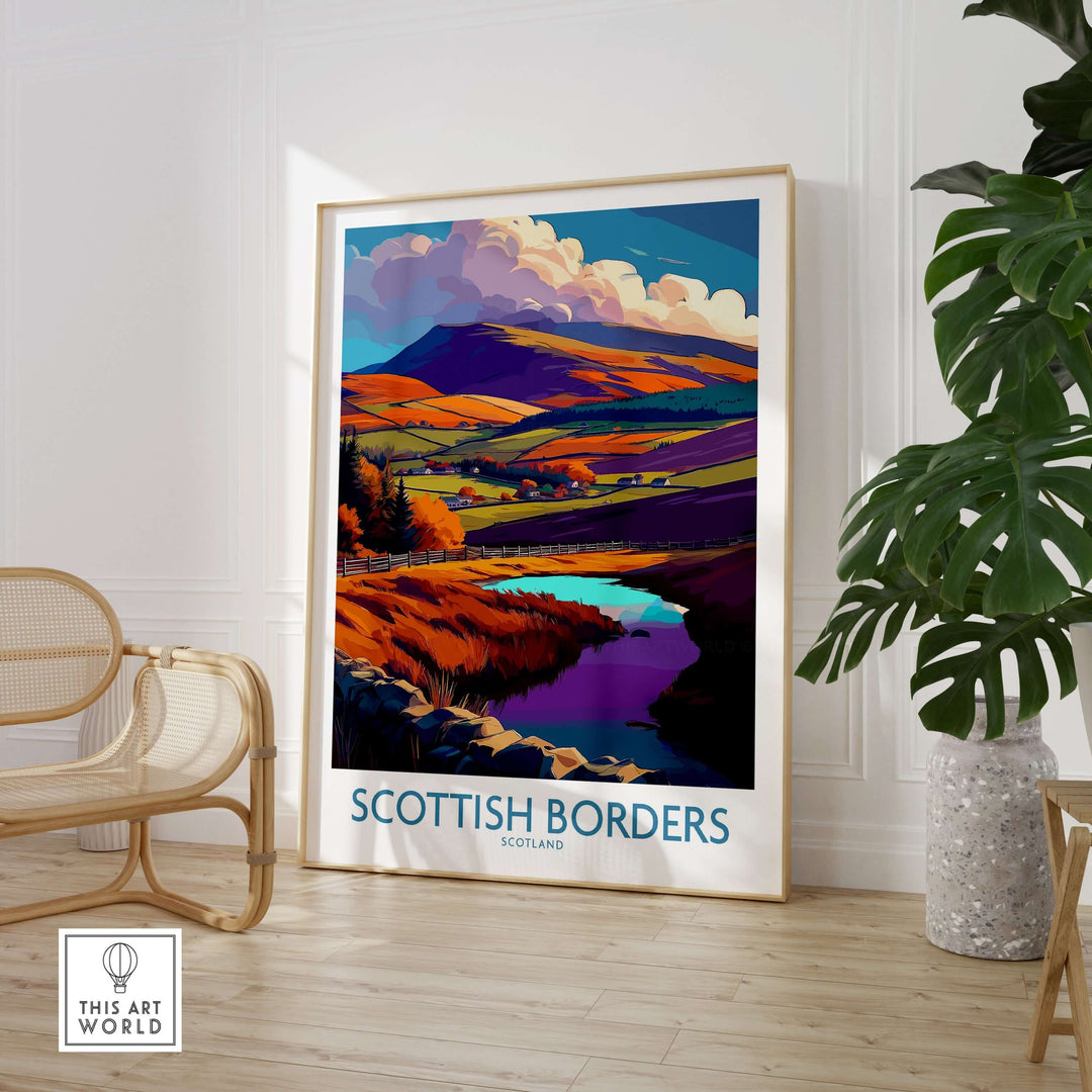 Scottish Borders travel poster featuring autumn hills and tranquil pond in vibrant colors, ideal for wall art in any space.