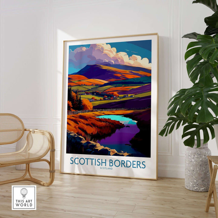 Scottish Borders travel poster featuring autumn hills and tranquil pond in vibrant colors, ideal for wall art in any space.
