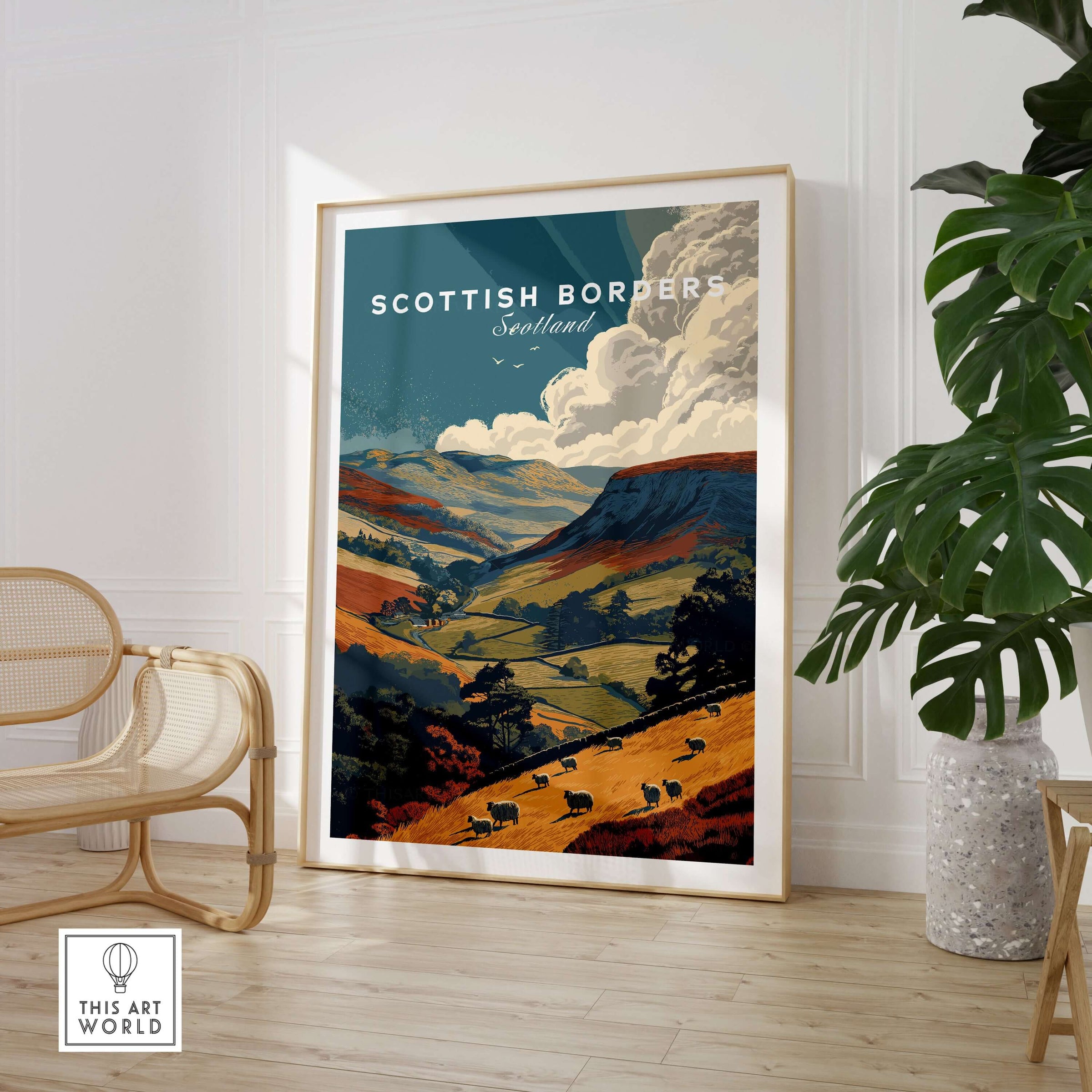 Scottish Borders Sheep Grazing Travel Poster Valley Landscape Scotland Print Wall Art displayed in a bright room.