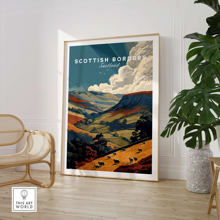 Scottish Borders travel poster featuring sheep grazing in a scenic valley landscape, showcasing Scotland's natural beauty.