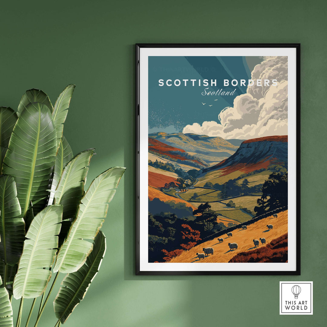 Scottish Borders travel poster featuring sheep grazing in a valley landscape, framed wall art of Scotland's natural beauty.