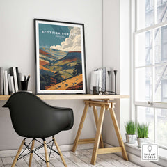 Scottish Borders Sheep Grazing Travel Poster Valley Landscape Scotland Print Wall Art displayed in modern interior.