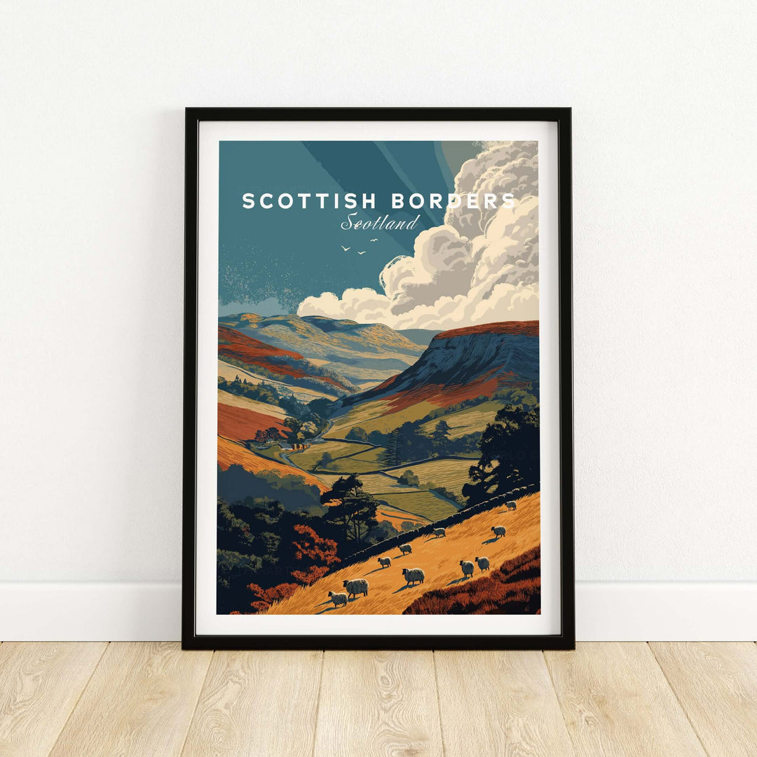 Scottish Borders travel poster showcasing serene landscape with sheep grazing in vibrant hills and dramatic clouds.