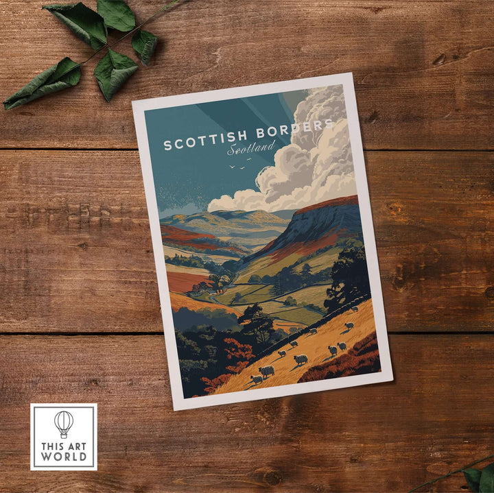 Scottish Borders travel poster featuring sheep grazing in a valley landscape, showcasing Scotland's pastoral beauty.
