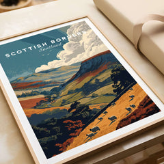 Scottish Borders Sheep Grazing Travel Poster Valley Landscape Scotland Print Wall Art featuring hills and sheep.
