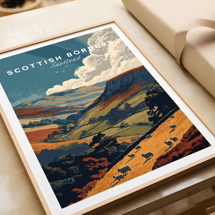 Scottish Borders travel poster showcasing sheep grazing on vibrant hills and valleys, capturing the beauty of Scotland.