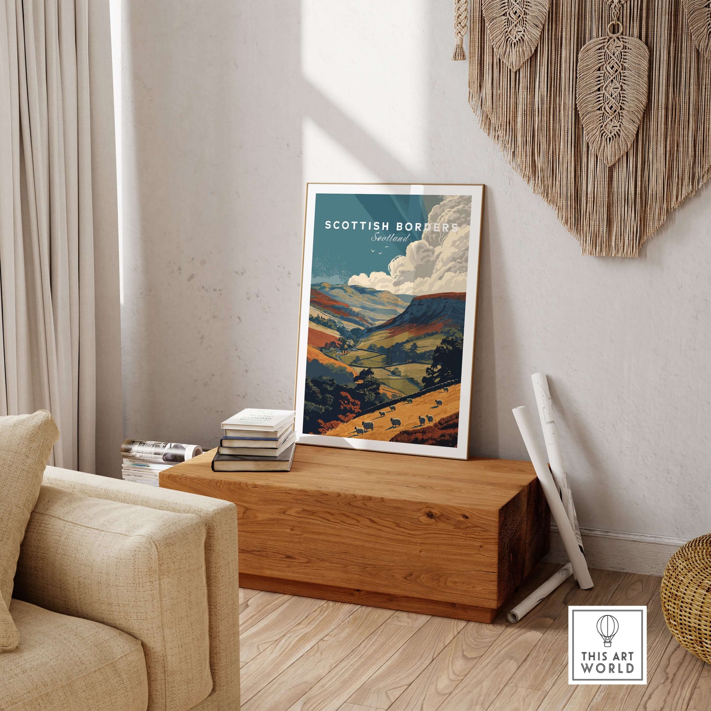 Scottish Borders Sheep Grazing Travel Poster Valley Landscape Scotland Print Wall Art showcased in a cozy interior setting.