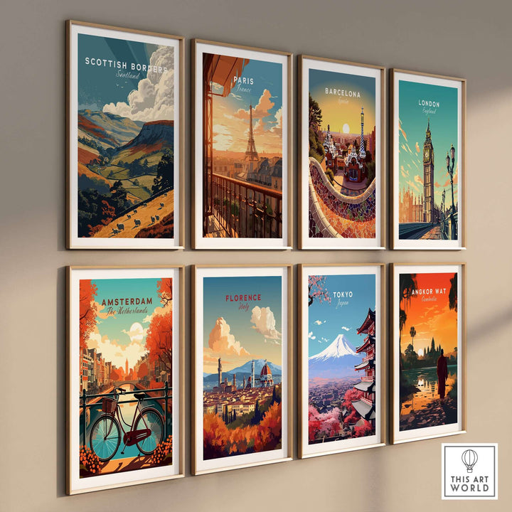 Wall art gallery featuring travel posters of Scottish Borders, Paris, Barcelona, London, Amsterdam, Florence, Tokyo, and Angkor Wat.