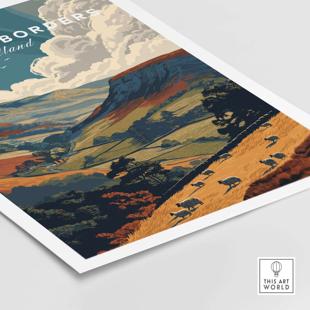 Scottish Borders sheep grazing travel poster featuring a vibrant valley landscape in Scotland.