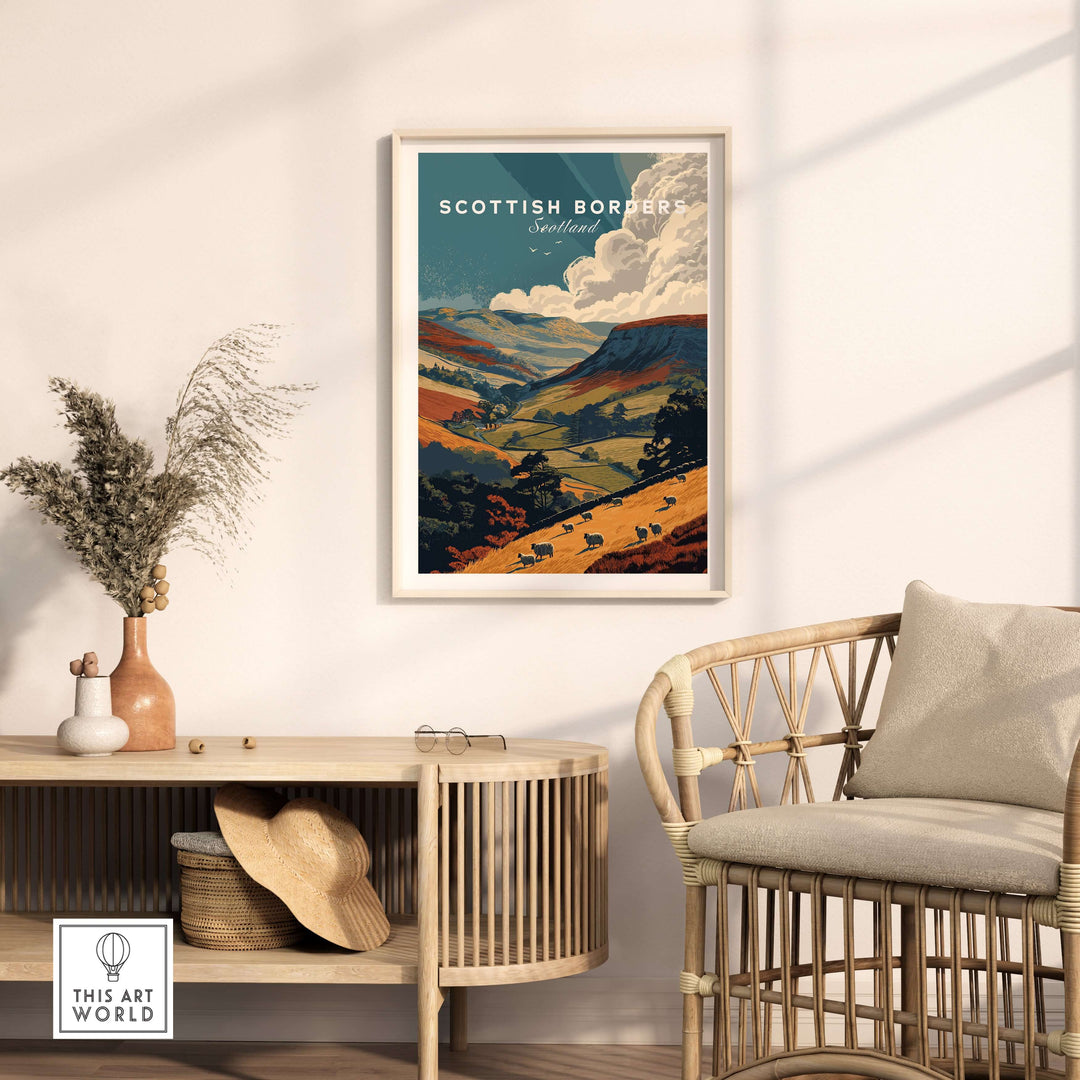 Scottish Borders travel poster featuring sheep grazing in a valley landscape, perfect wall art for Scotland lovers.