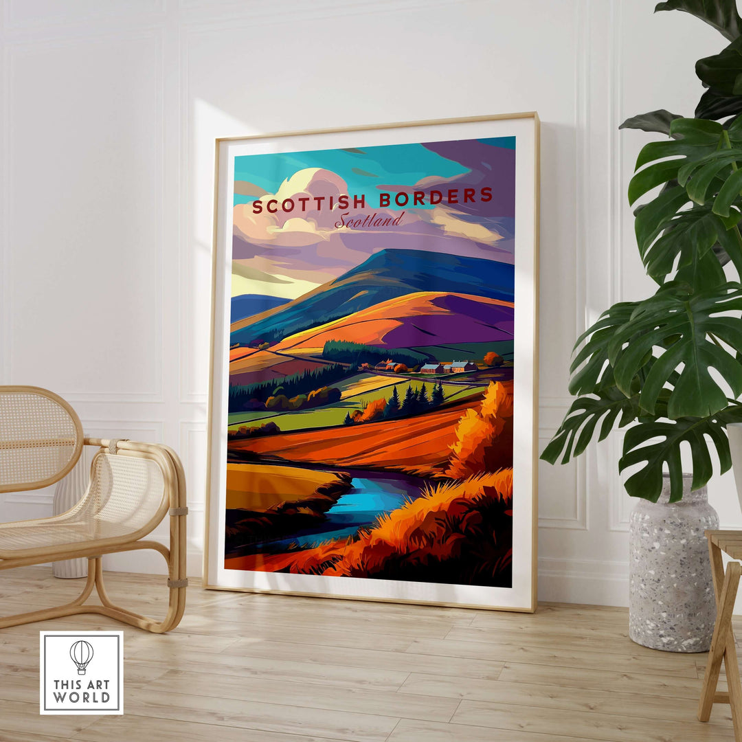 Scottish Borders travel print showcasing autumn landscape with rolling hills and stream in vibrant colors.