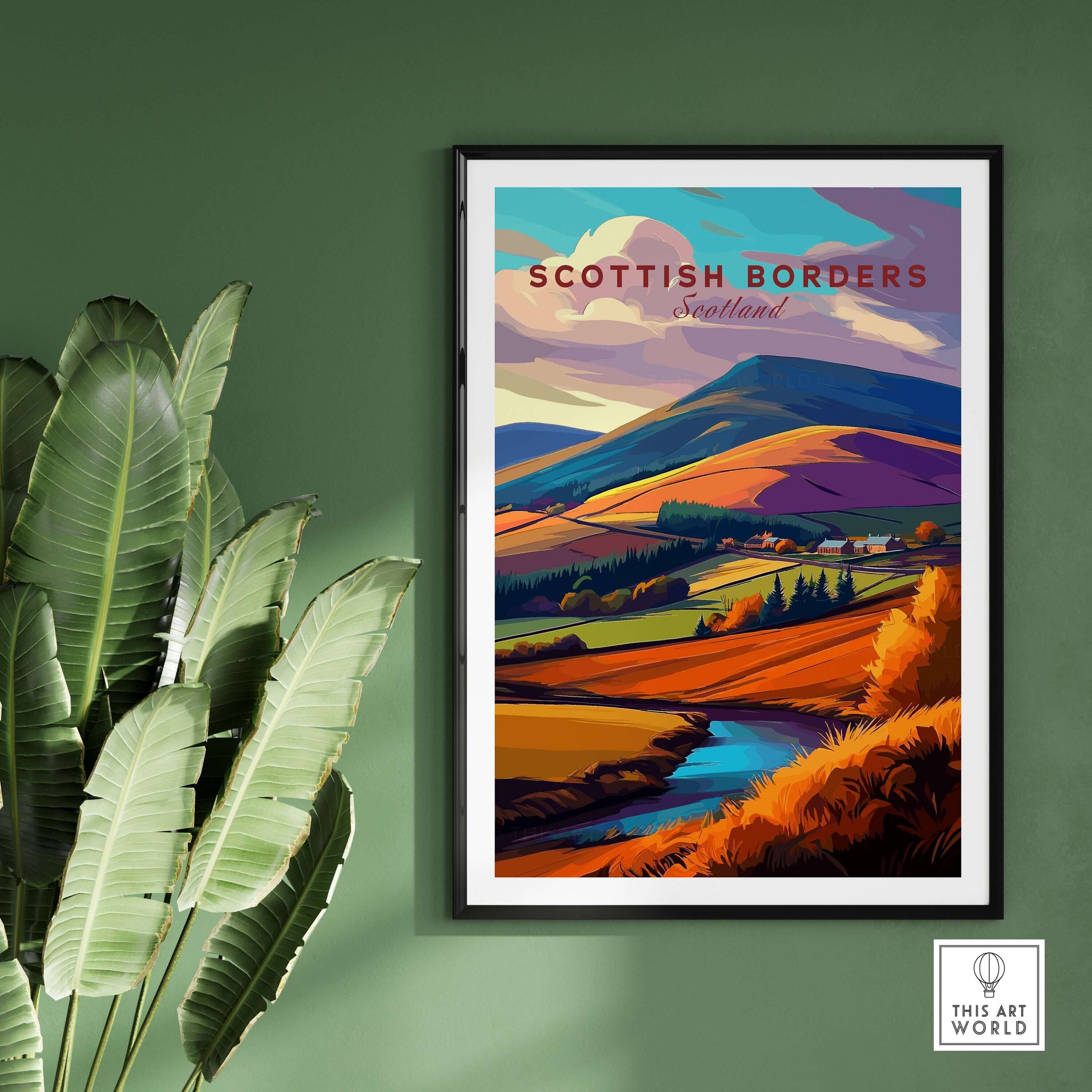 Scottish Borders Valley Travel Print Autumn Landscape Scotland Stream Poster Wall Art showcasing a vibrant landscape.