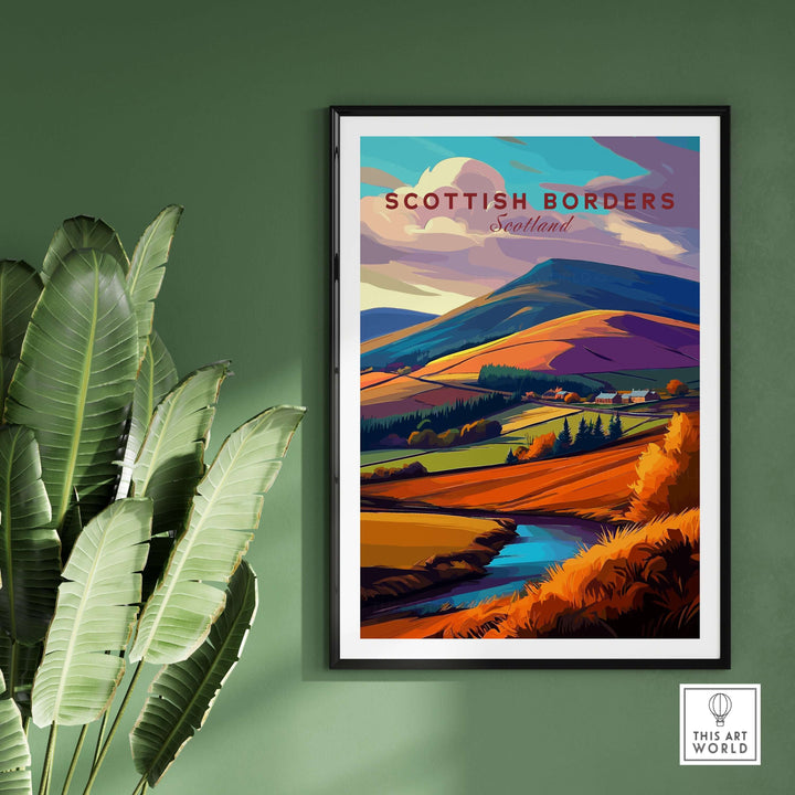 Scottish Borders travel print showcasing vibrant autumn landscape with a winding stream in Scotland.