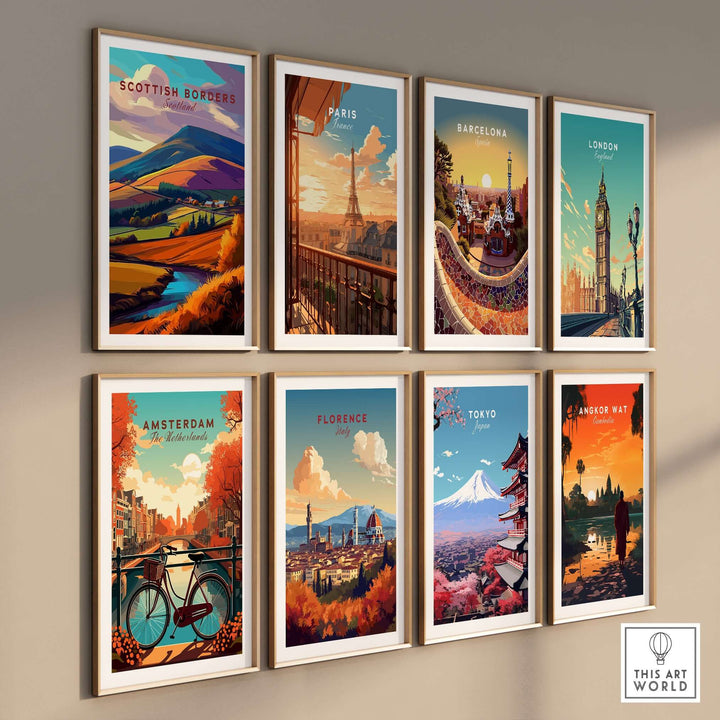 Collection of travel posters featuring Scottish Borders, Paris, Barcelona, London, Amsterdam, Florence, Tokyo, and Angkor Wat.