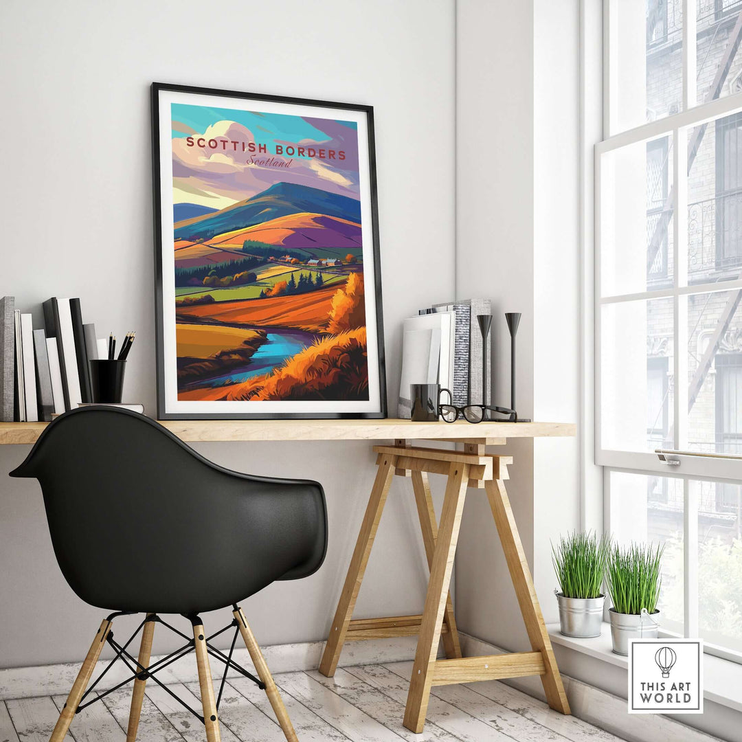 Scottish Borders Valley travel print showcasing a vibrant autumn landscape and winding stream, perfect for wall art decor.
