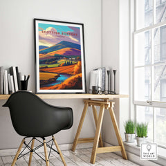 Scottish Borders Valley Travel Print Autumn Landscape Scotland Stream Poster Wall Art displayed in a modern office setting.