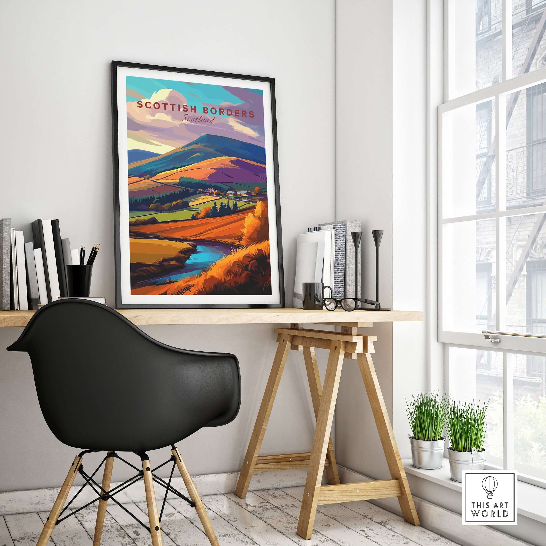 Scottish Borders Valley Travel Print Autumn Landscape Scotland Stream Poster Wall Art displayed in a modern office setting.