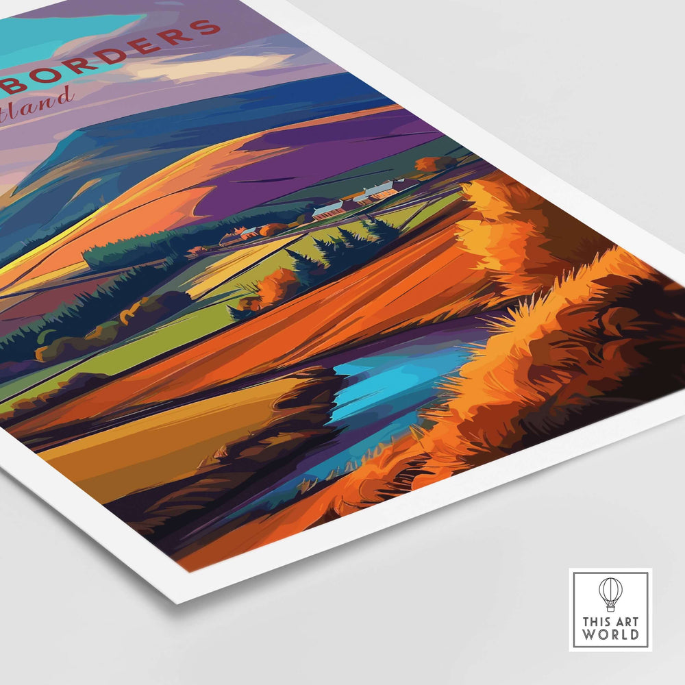 Scottish Borders travel print showcasing autumn landscape with vibrant hills and a winding stream in colorful illustration.