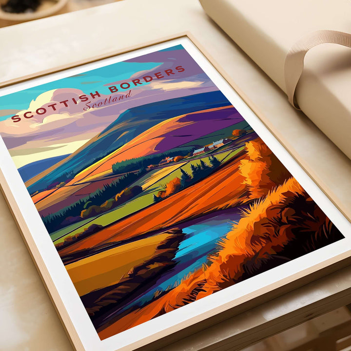 Scottish Borders autumn landscape travel print showcasing vibrant hills and a winding stream framed in a stylish poster.