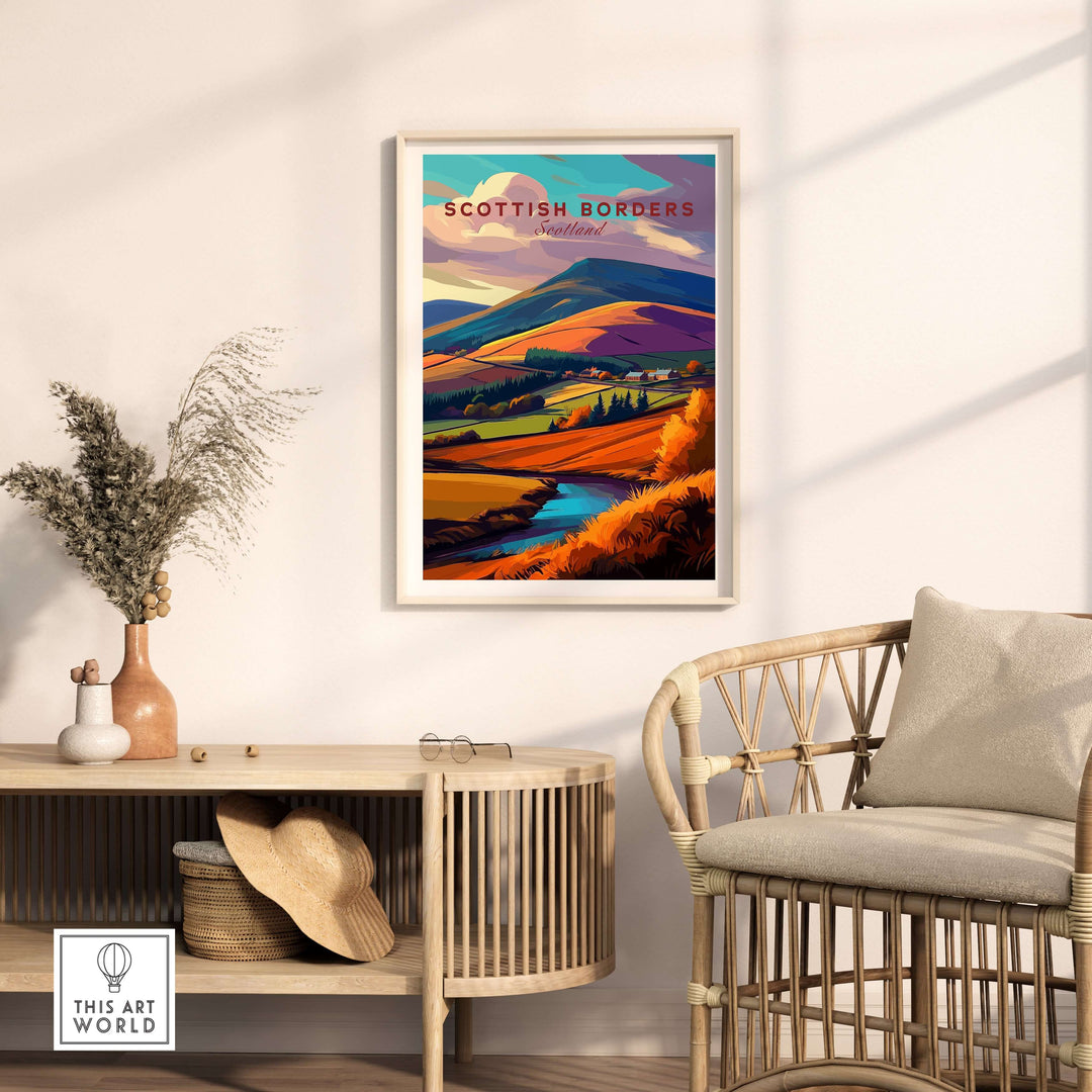 Scottish Borders autumn travel print showcasing vibrant landscape, hills, and a winding stream in wall art decor.