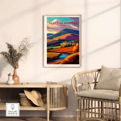 Scottish Borders Valley Travel Print Autumn Landscape Scotland Stream Poster Wall Art in stylish interior setting.