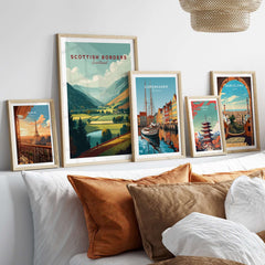 Scottish Borders Hiking Travel Print Wide Valley Landscape Scotland Poster Wall Art displayed in a cozy modern living room.