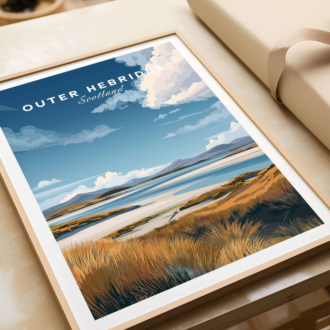 Scottish Islands travel print showcasing grassy dunes and serene seascape of Outer Hebrides, Scotland.