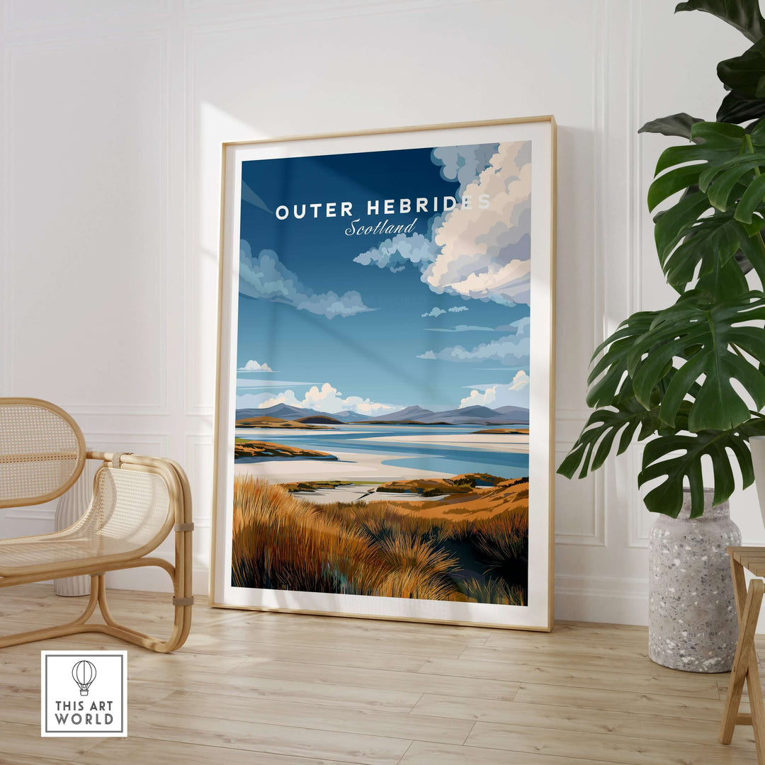 Scottish Islands travel print showcasing grassy dunes and seascape, framed as Outer Hebrides decor in stylish interior.